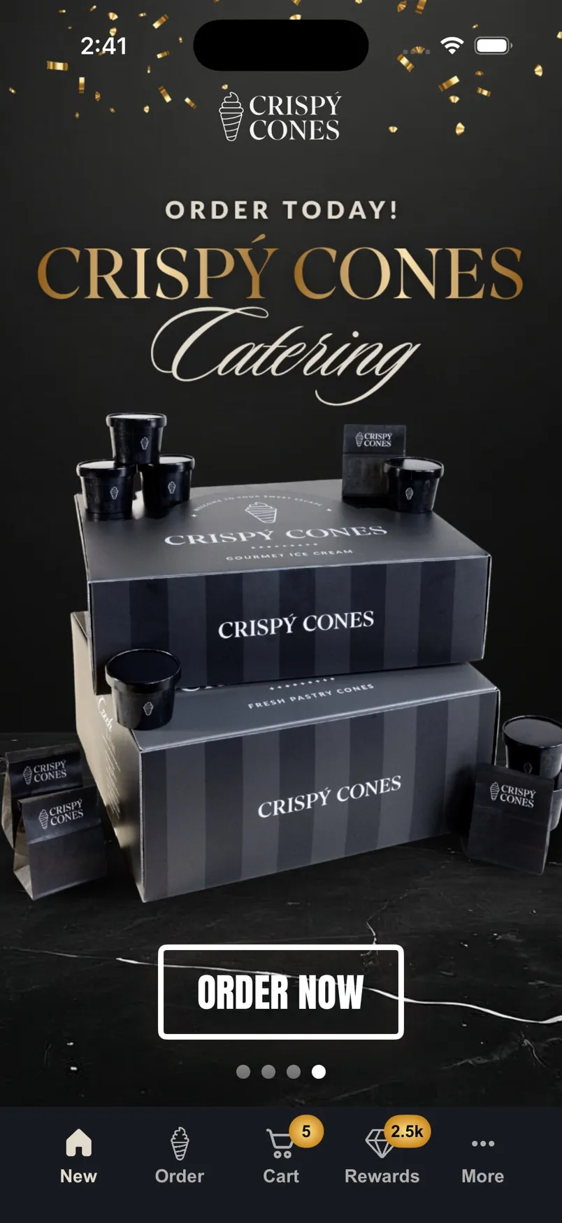 Crispy Cones catering, shown on the app’s home screen.