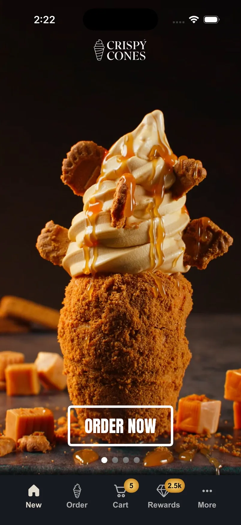 The Crispy Cones iOS app home screen with Order Now.