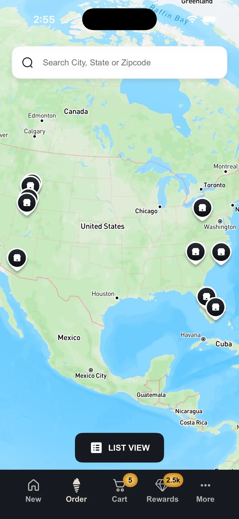 Crispy Cones stores across the United States on a map.