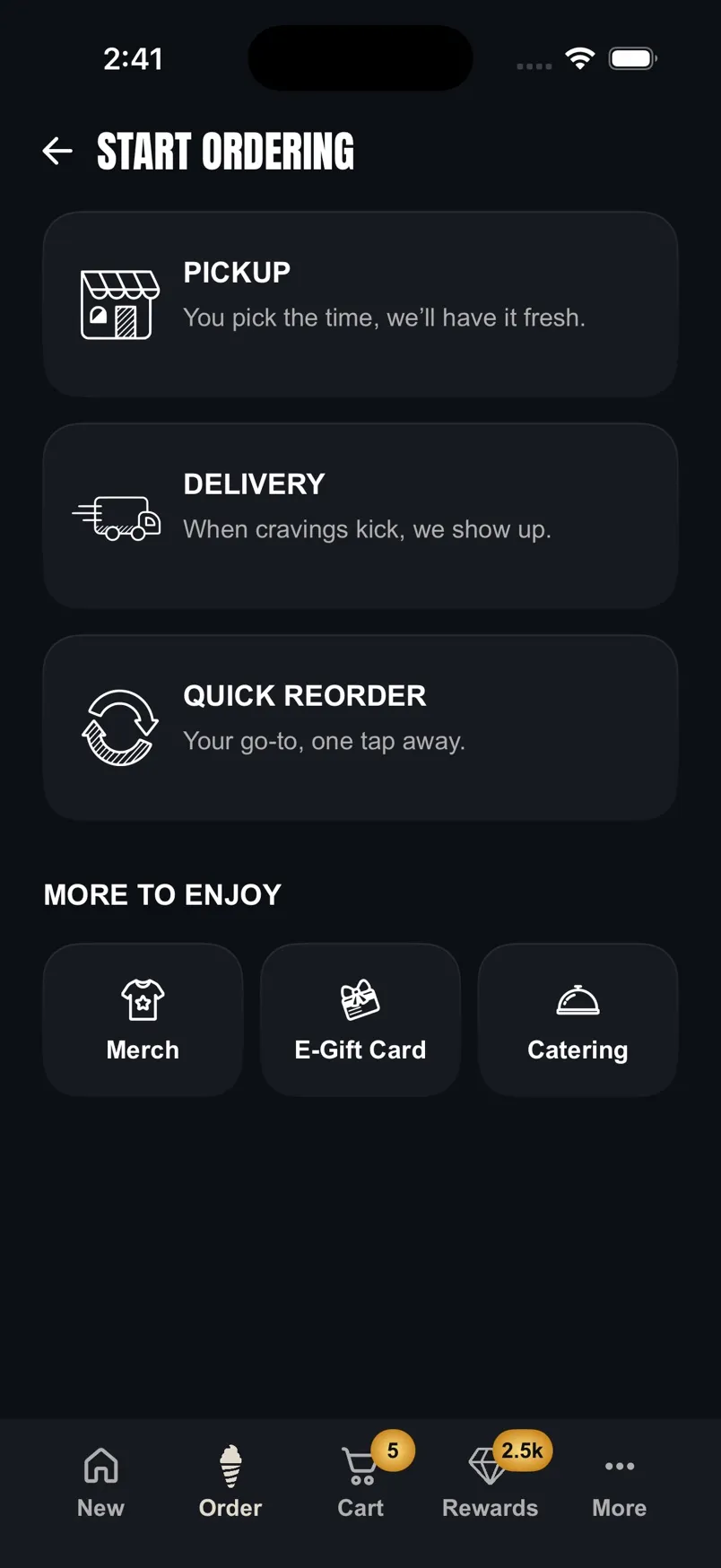 Start ordering: pickup, delivery, quick reorder, merch, e-gift cards and catering.