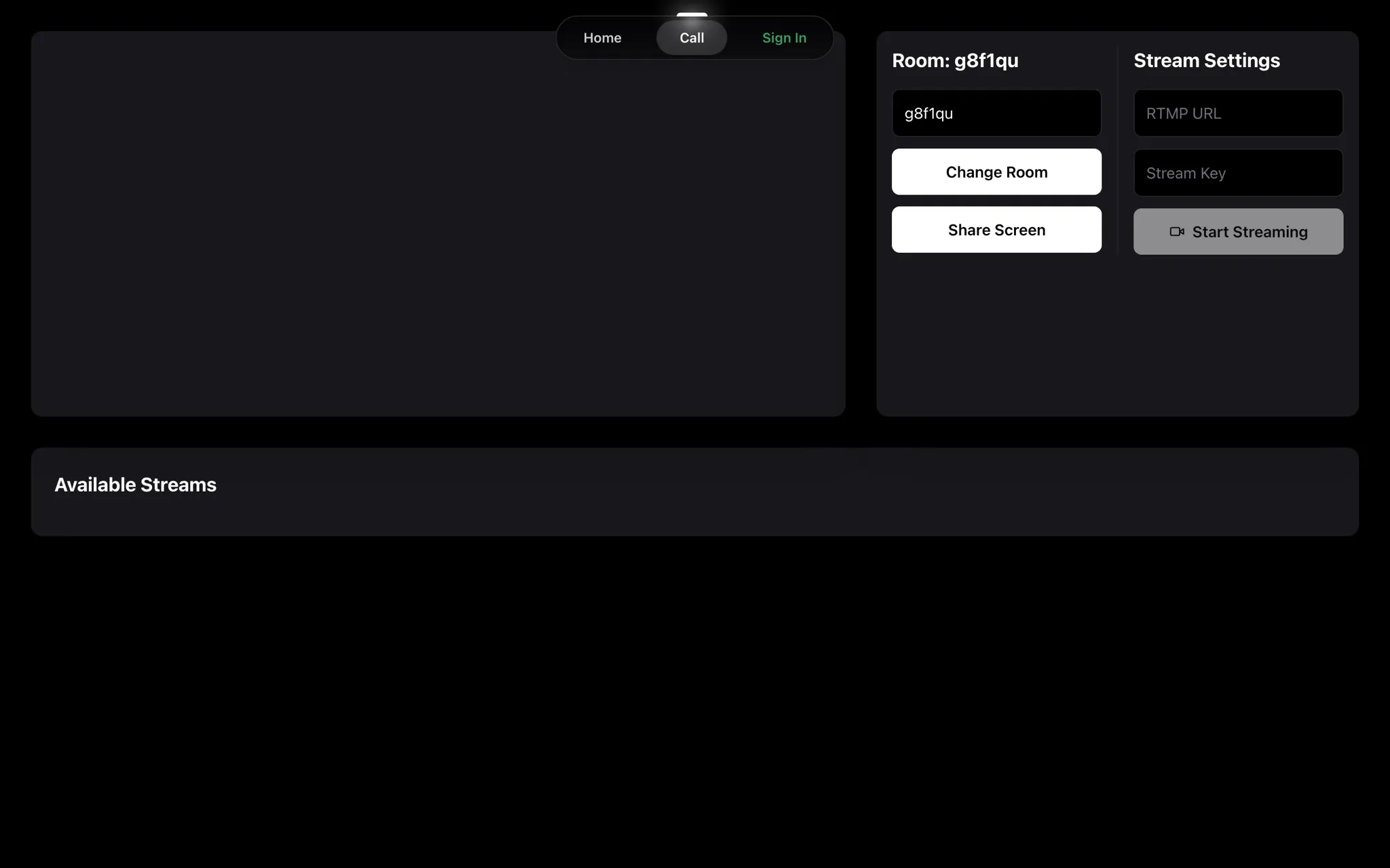 An ezStream room: share screen, change room, and stream settings for an RTMP URL and stream key.