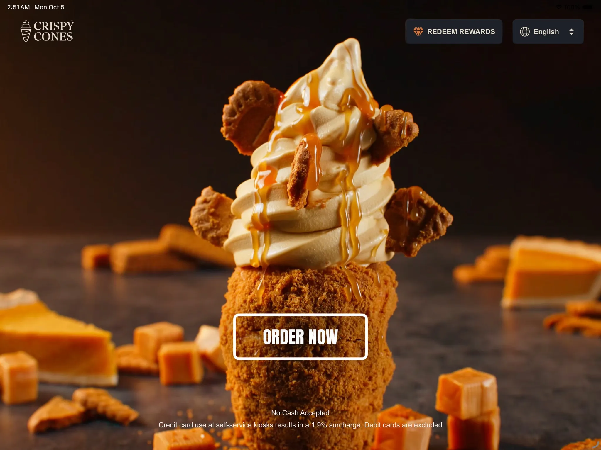 The Crispy Cones iPad kiosk welcome screen, with Order Now and Redeem Rewards.