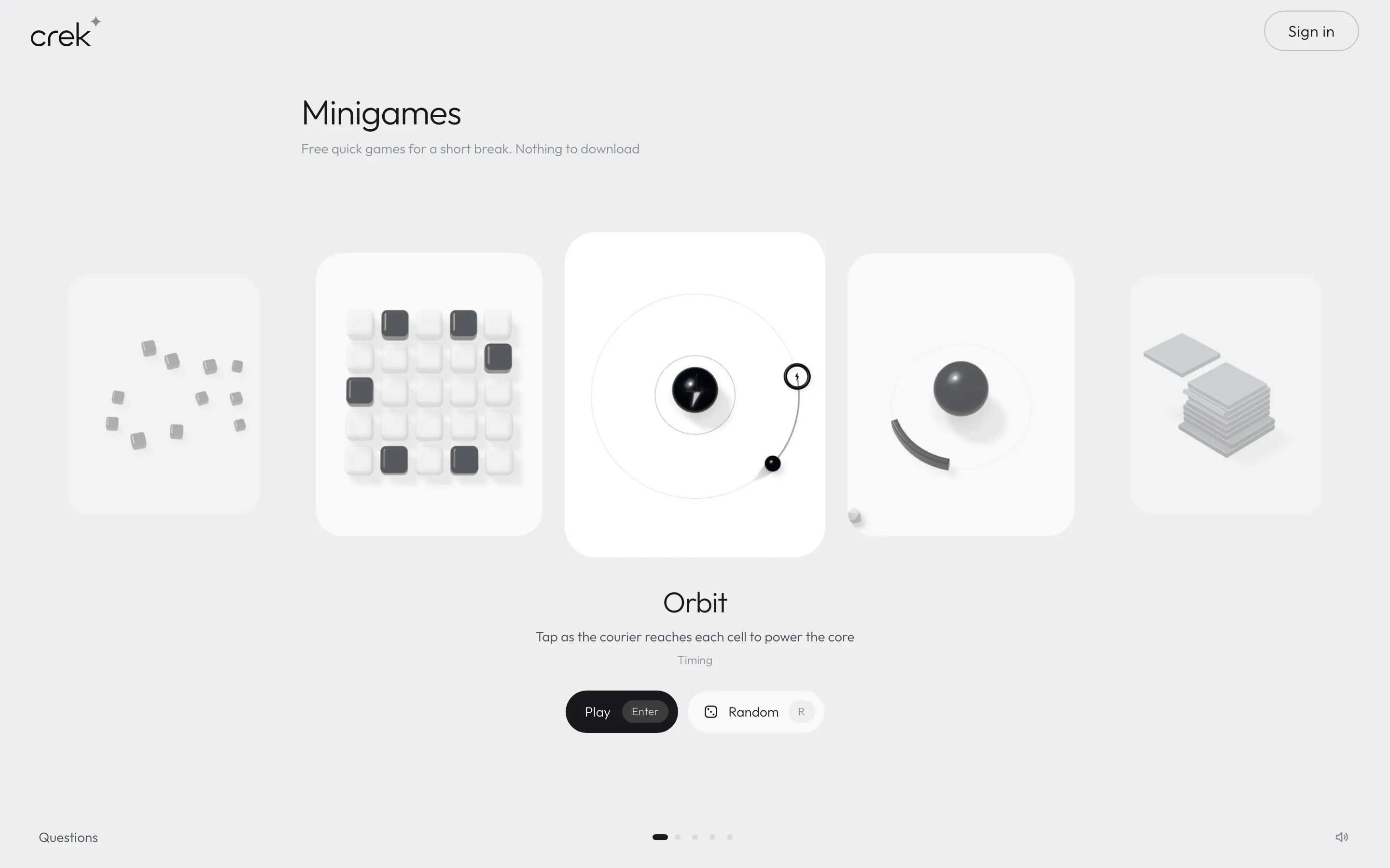 Crek’s minigames page with Orbit selected.