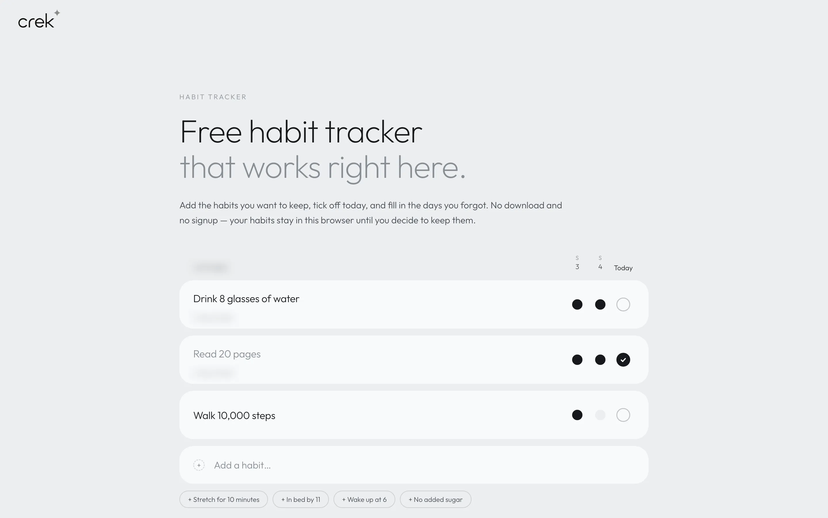 Crek’s free habit tracker page, usable without an account.