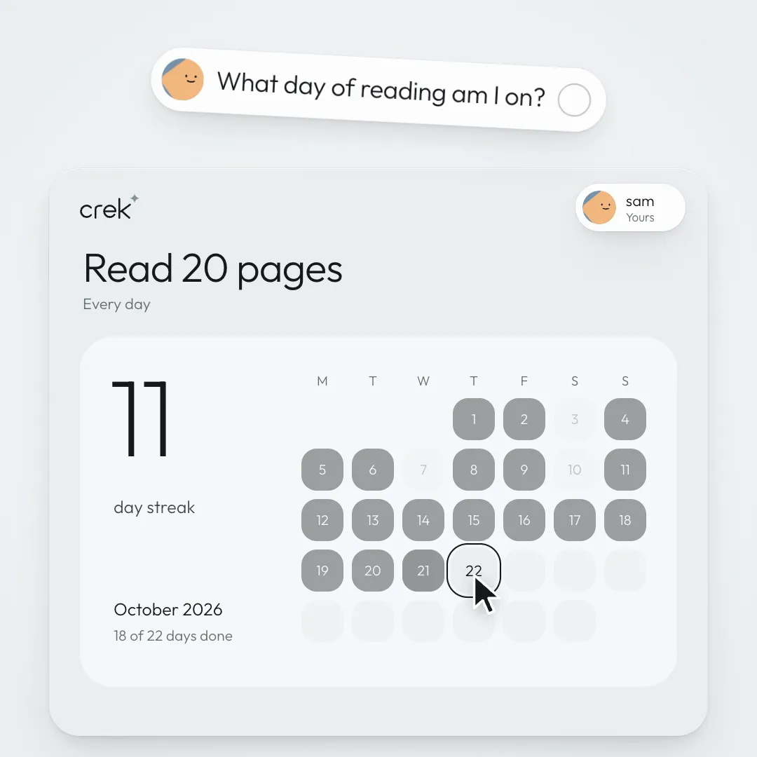 A Crek habit calendar for October: an 11-day streak on Read 20 pages.